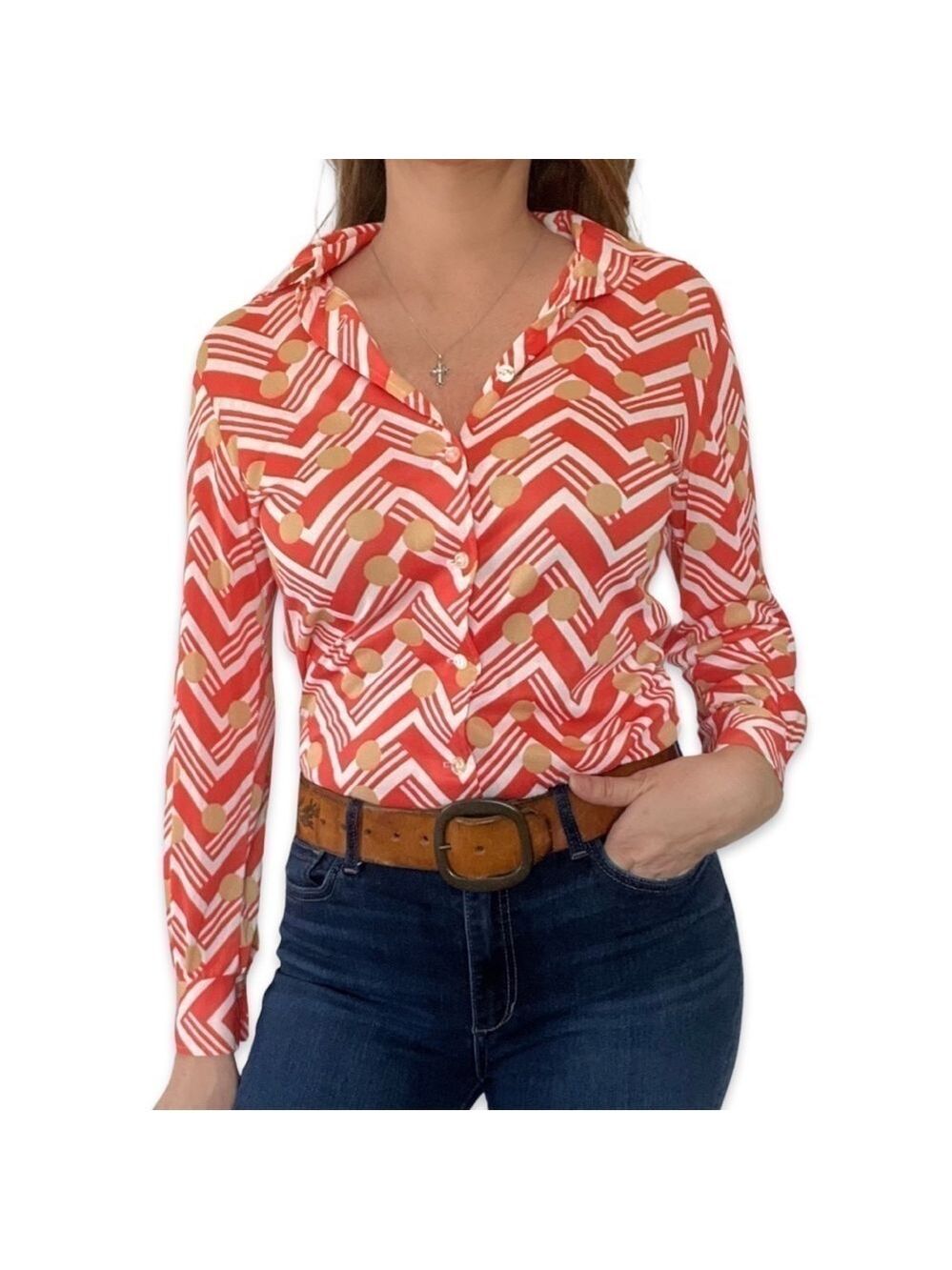 Vintage 70s Disco button down shirt geometric orange vibrant Sm/Md
